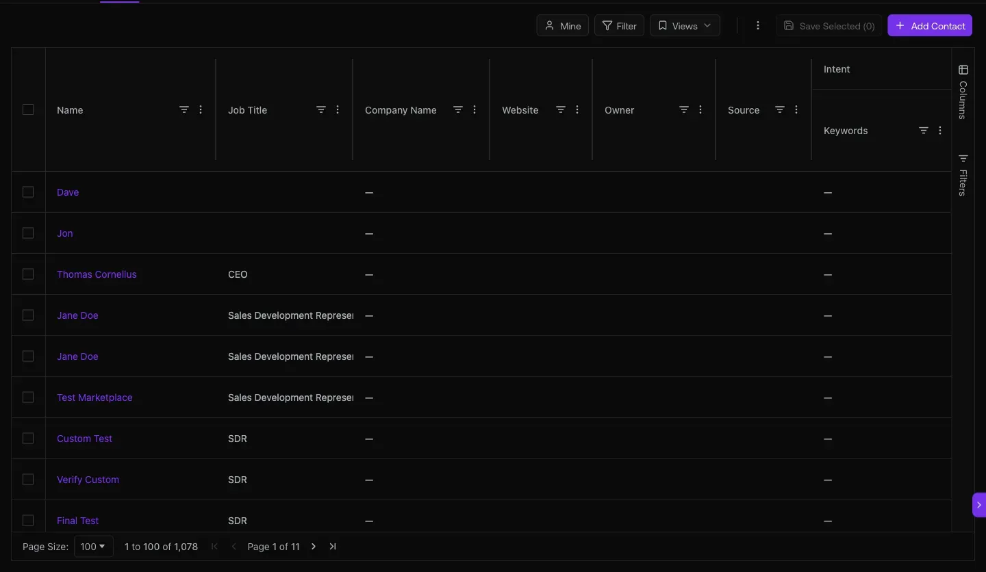 Job Changes surface with date range filter (From/To) and 'Employer contains' search, empty state for graph8 org, columns Contact/New title/Previous/New employer/Days in prev/Detected