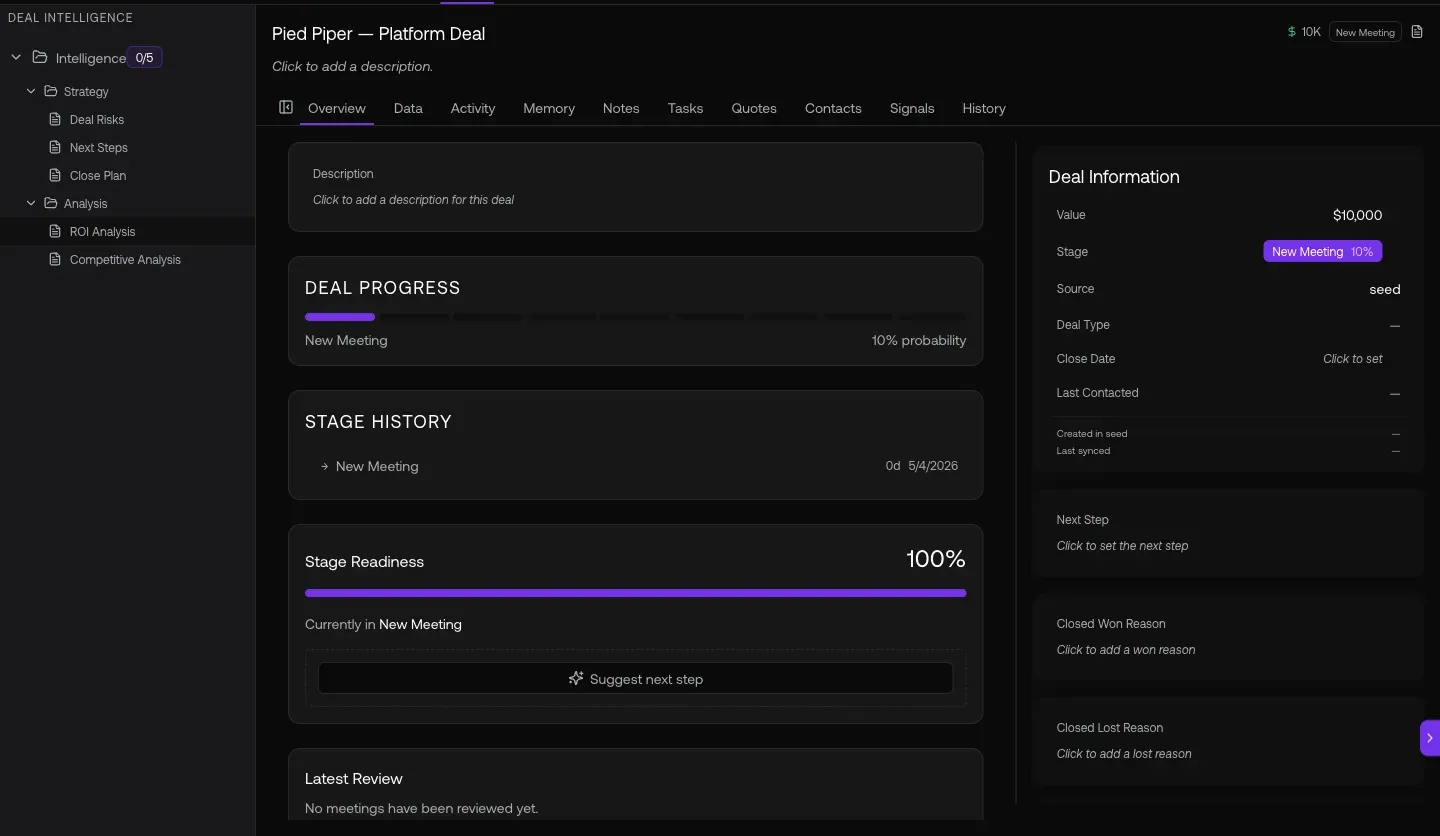Deal Intelligence sidebar showing Strategy + Analysis stacks, 5/5 generated
