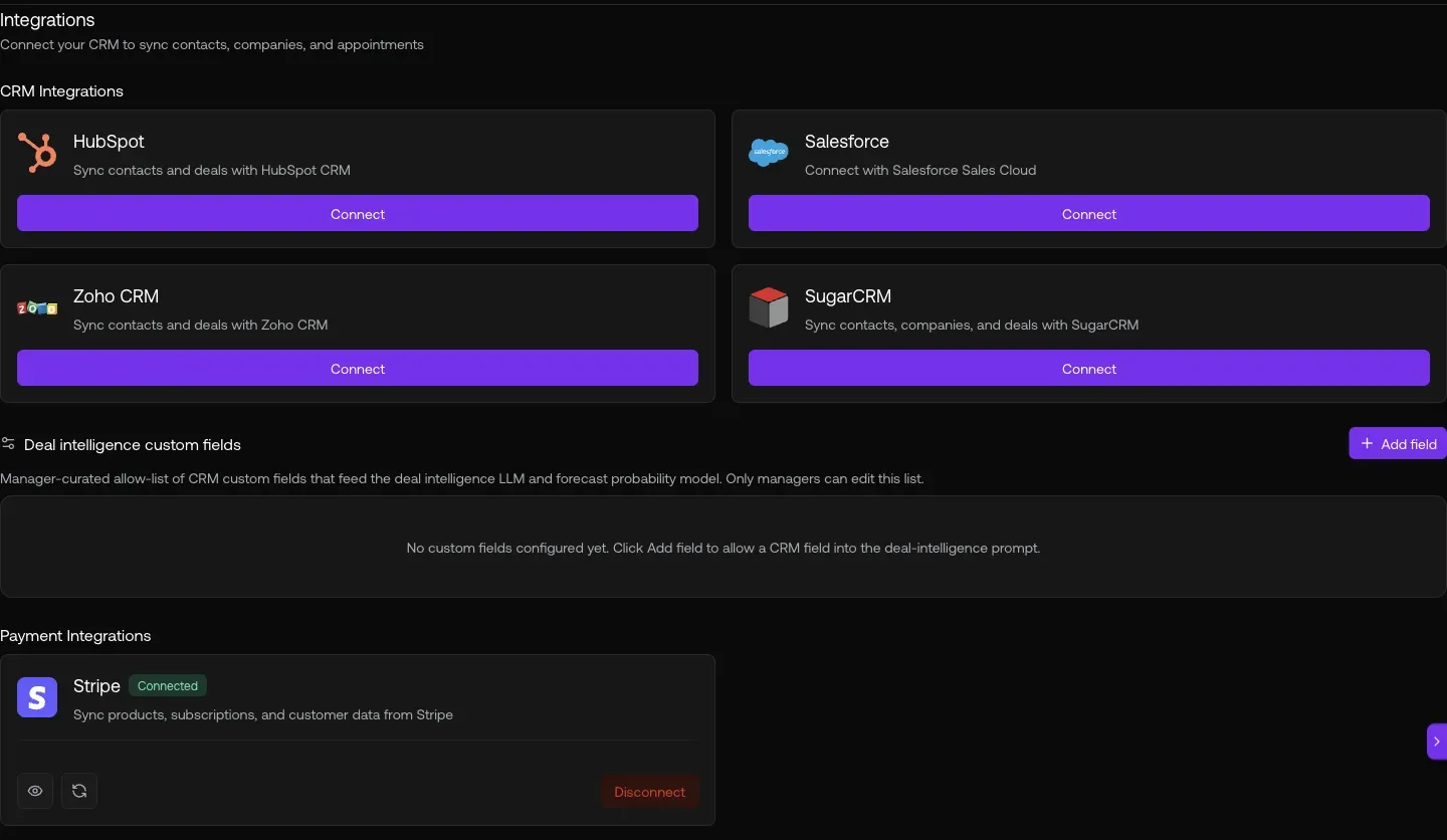 Studio Settings Integrations showing HubSpot Connected (expires May 18 2026), Salesforce, Zoho CRM, SugarCRM, Stripe Connected