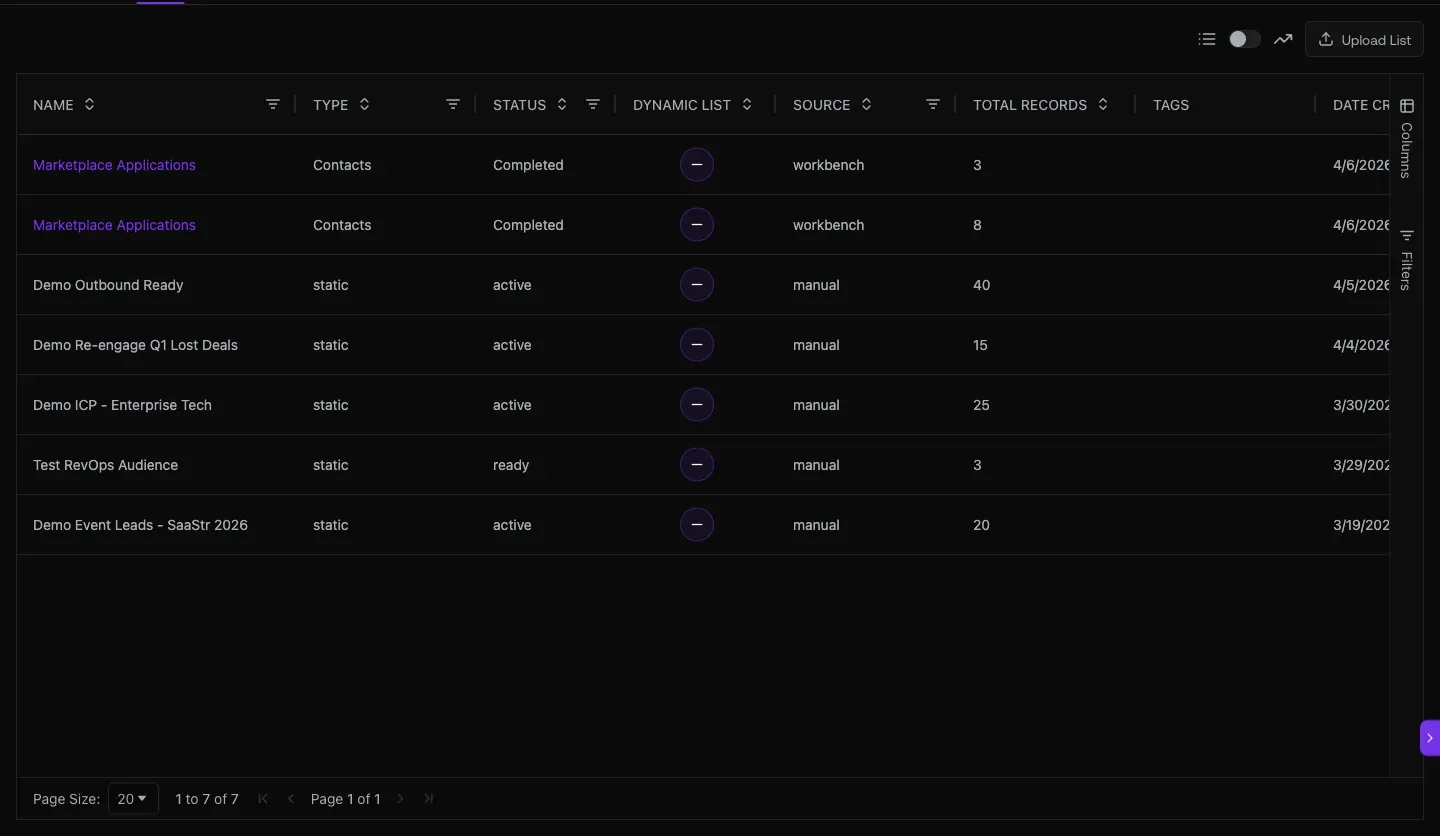 Saved lists at /lists with 264 lists, types, statuses, dynamic-list flags, sources