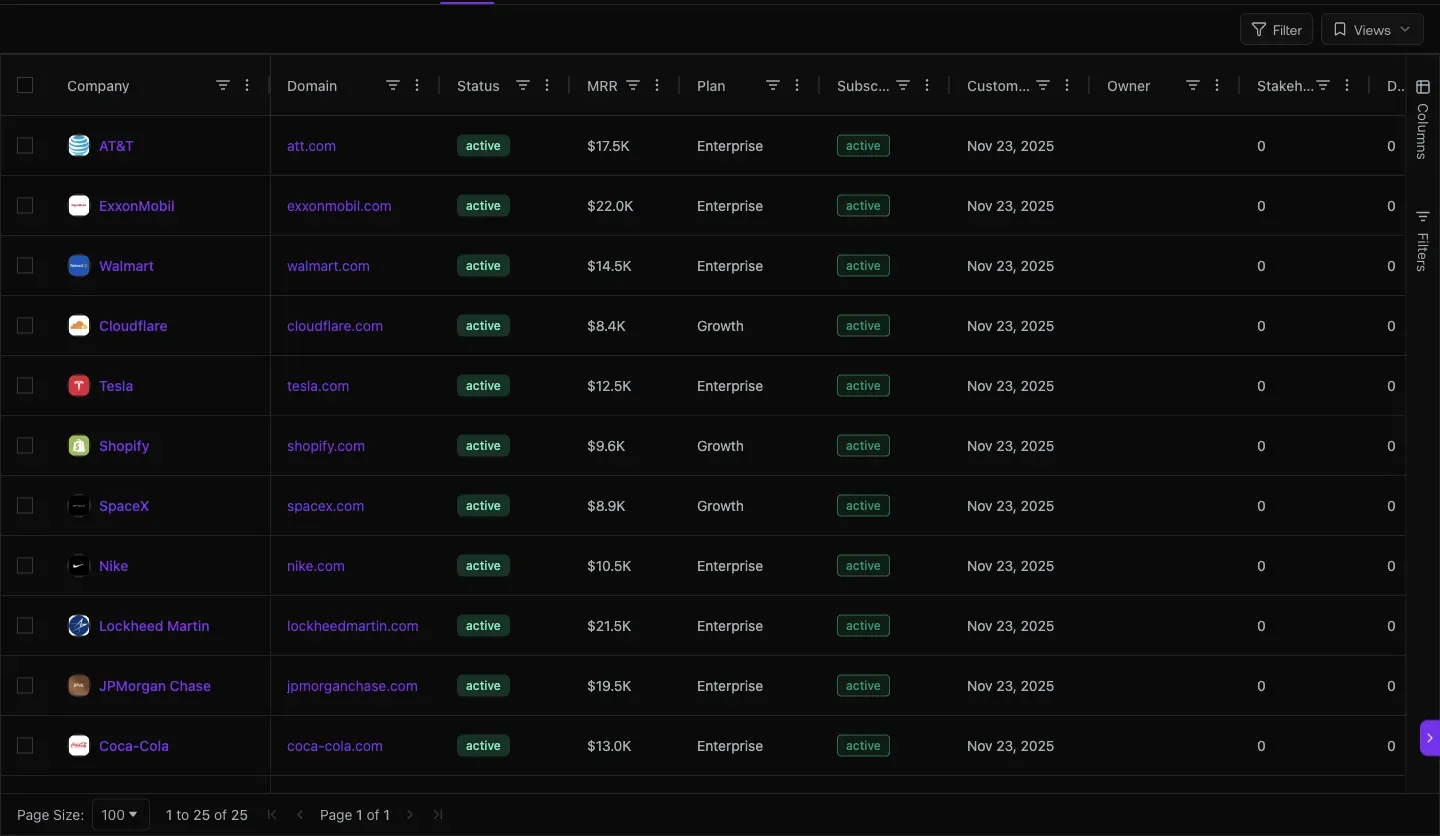 Customers list with MRR per row including a paying customer, a paying customer, a paying customer, your account, a paying customer