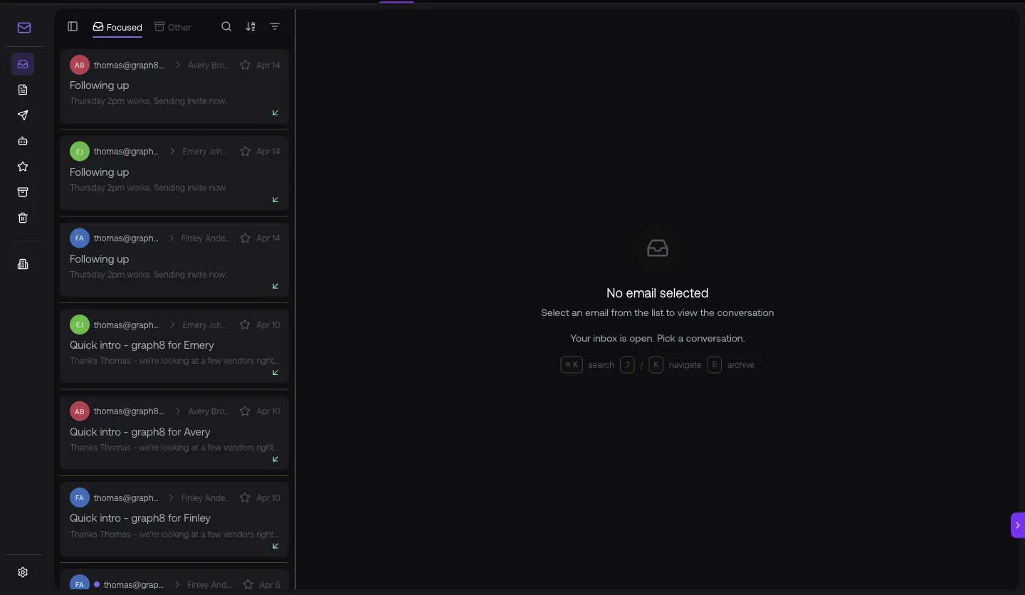 AI Inbox at /inbox/email with Focused / Other tabs and sentiment chips visible per thread