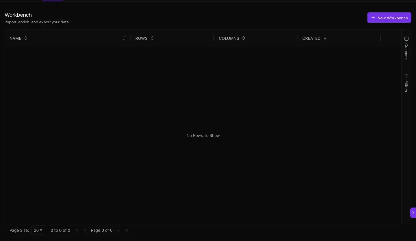 Data Workbench at /enrichment/staging with 30 workbenches including Webhooked dialer companies 2489 rows