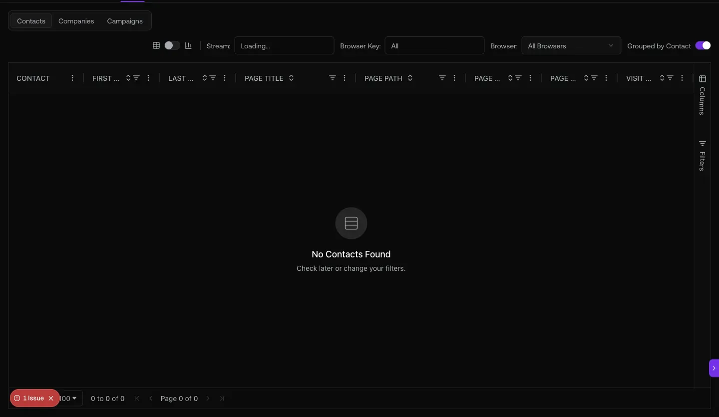 Per-company visit timeline at /visitors/companies/11617851 showing 2 page views