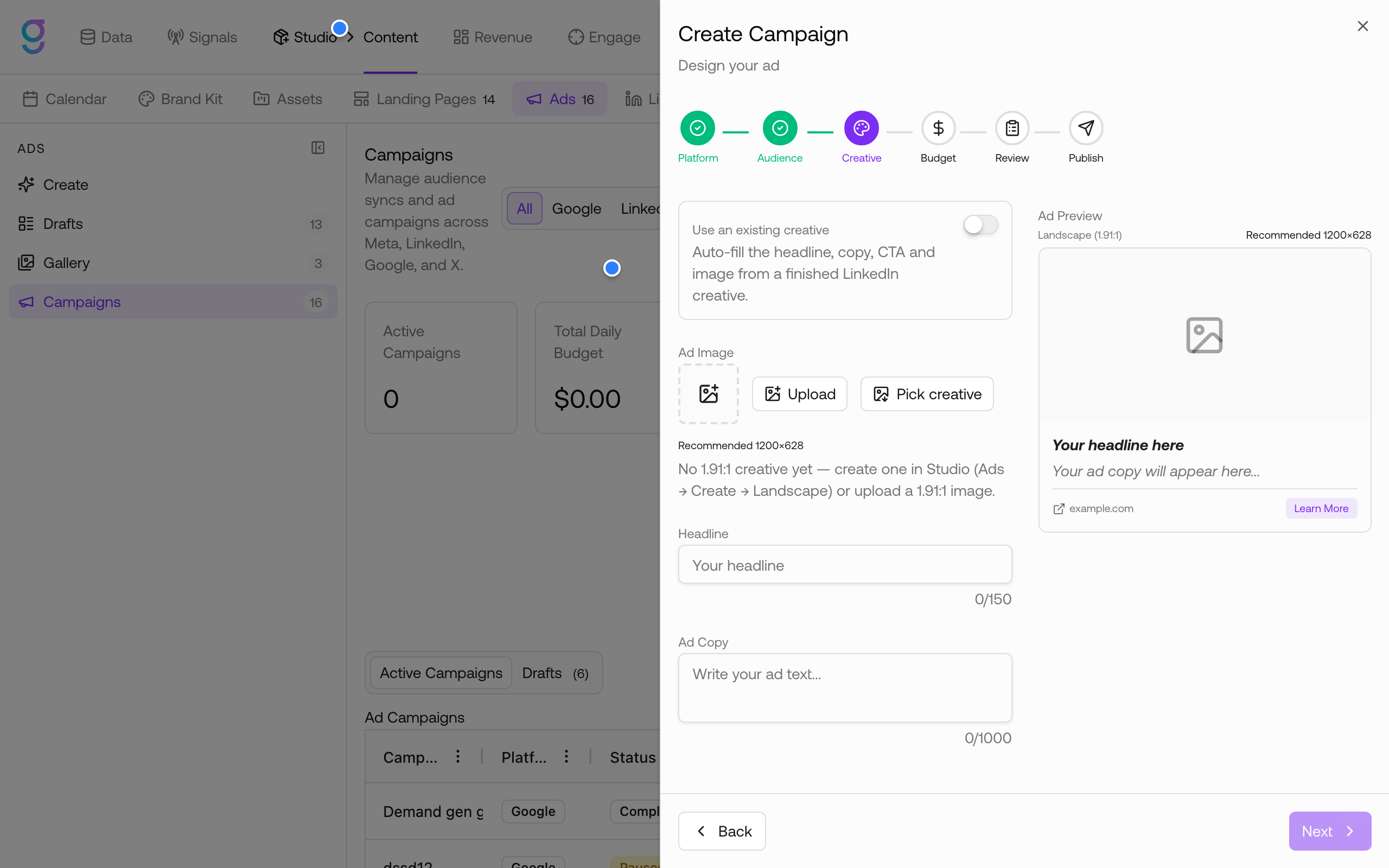 Campaign wizard creative step