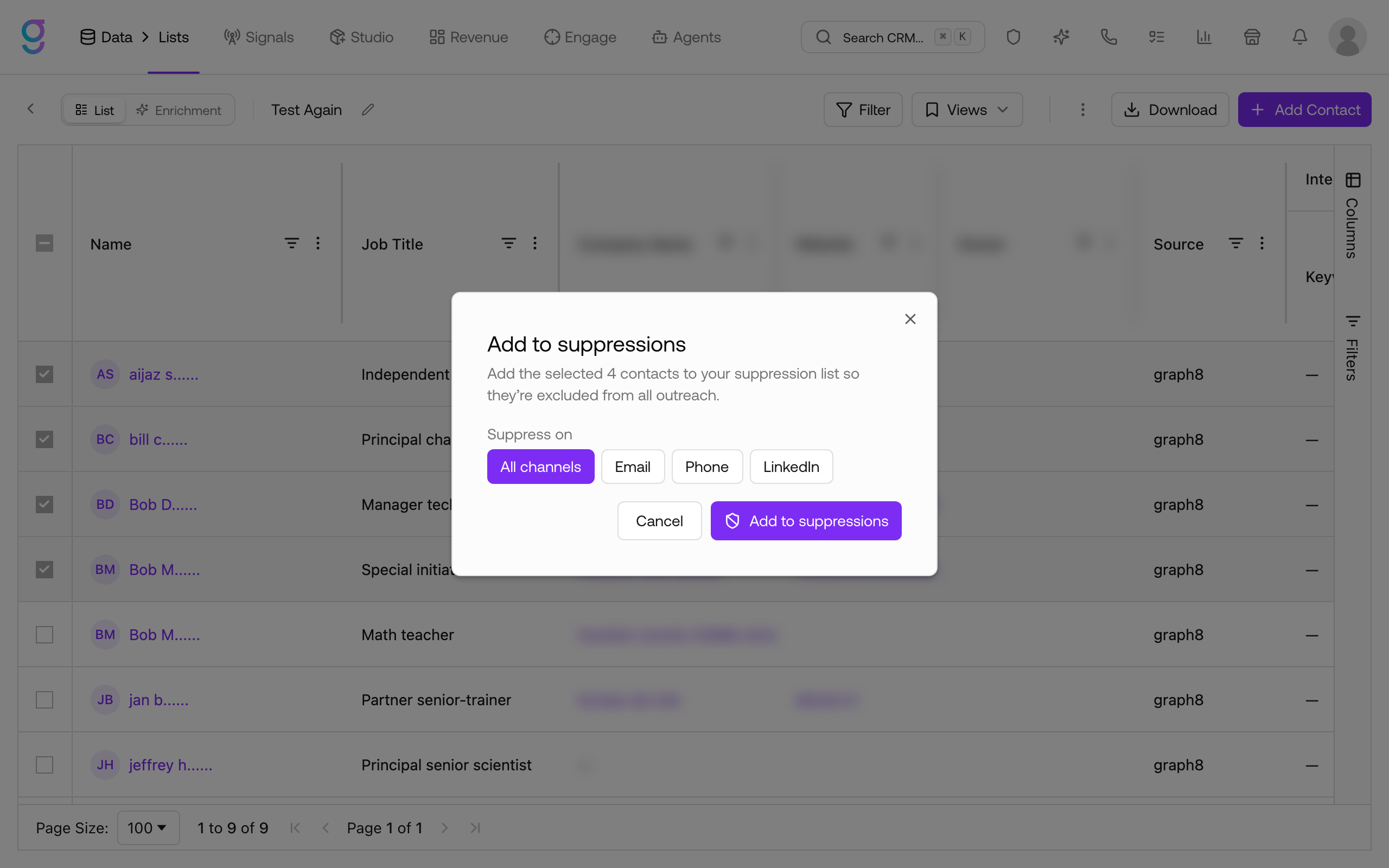 The Add to suppressions dialog: suppress the selected contacts on All channels, Email, Phone, or LinkedIn