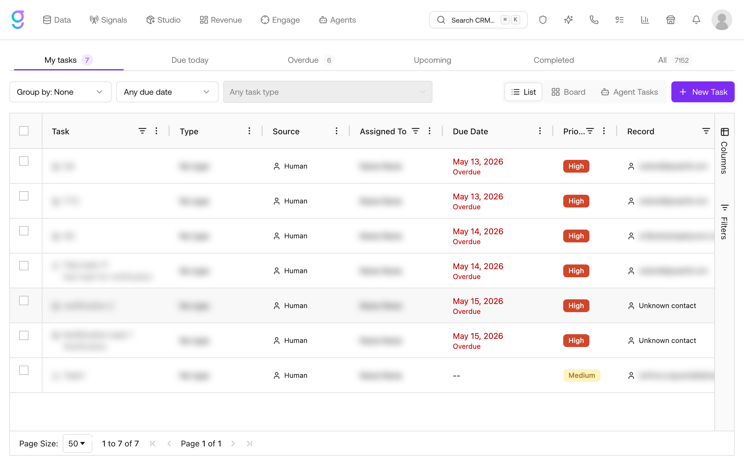 The Tasks page open on My tasks, with Due today, Overdue, Upcoming, Completed, and All tabs, plus List, Board, and Agent Tasks views and the New Task button