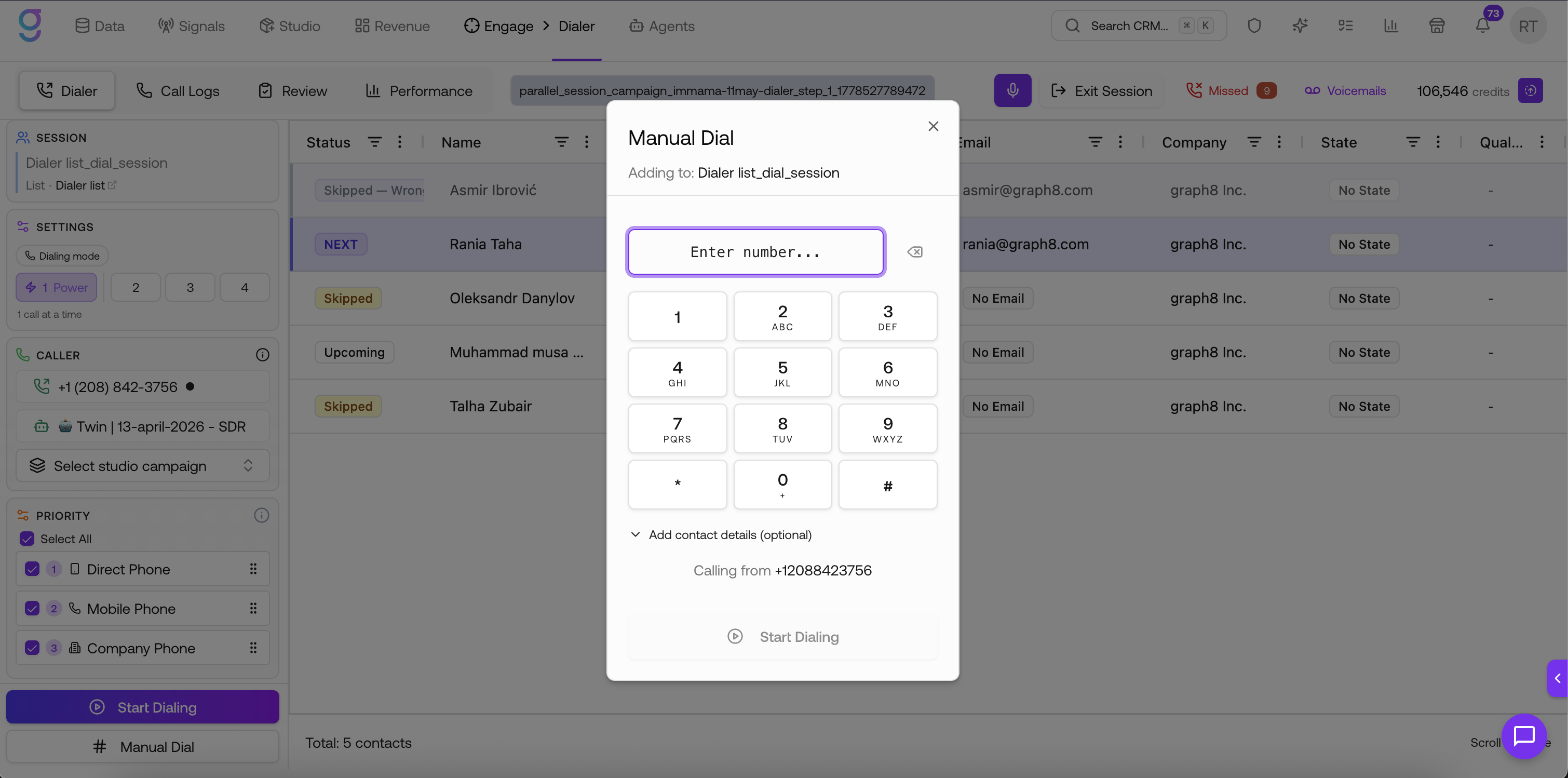 The Manual Dial keypad — enter a number, see the number you're calling from, and start the call