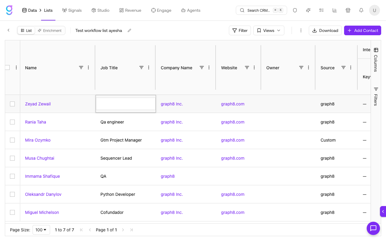Double-click a cell in the list to add or edit a contact's data inline
