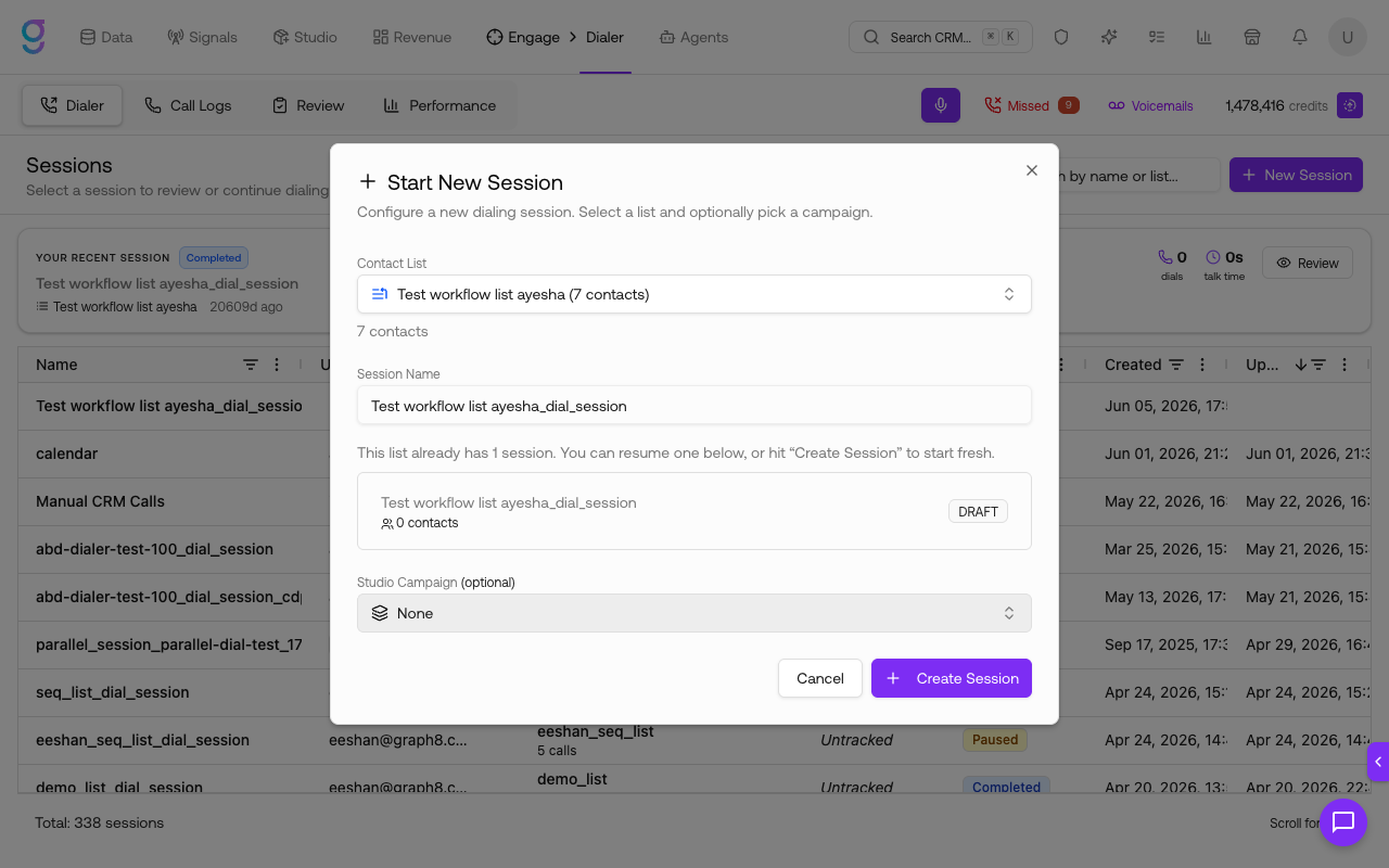 The New Session dialog — select a contact list, name the session, and optionally link a Studio campaign