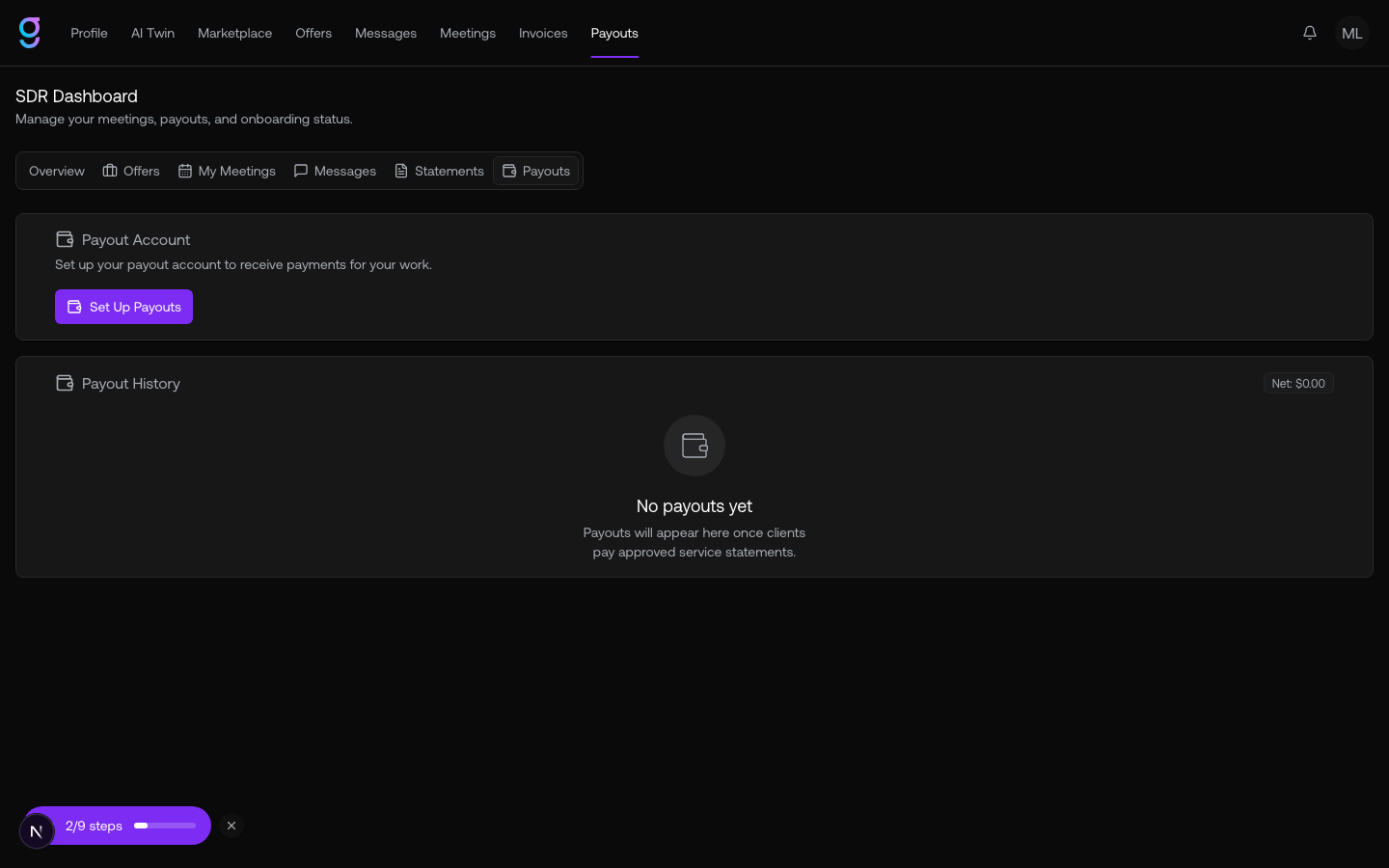 The Payouts tab with Set Up Payouts and payout history