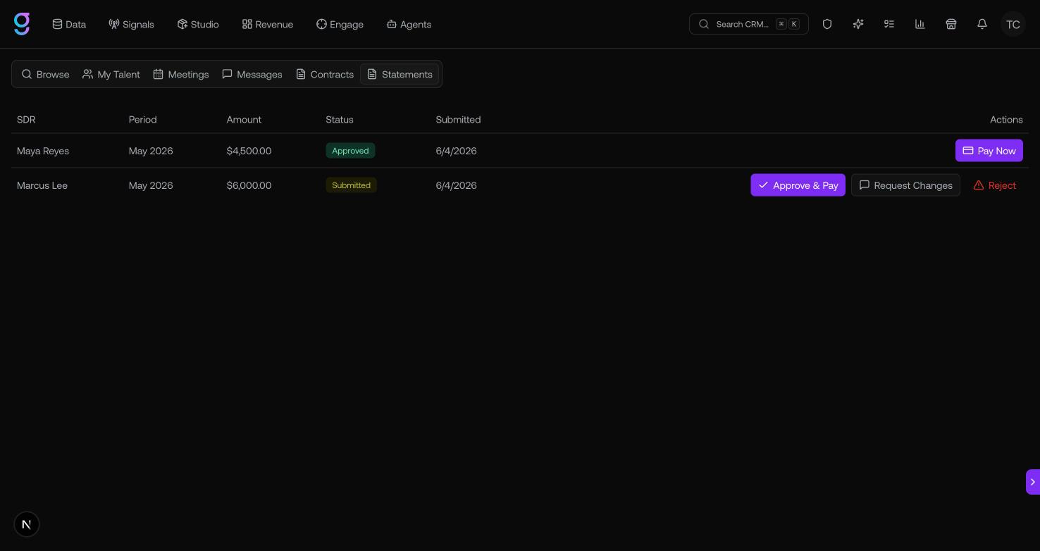 The Statements tab with submitted and approved service statements and Approve & Pay actions