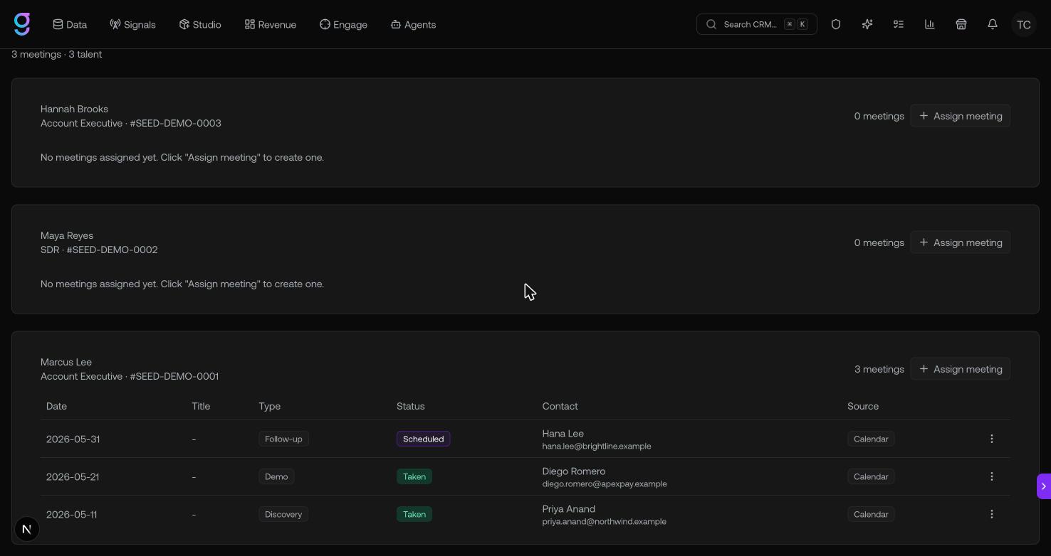 The Meetings tab with logged meetings by date, type, status, and contact