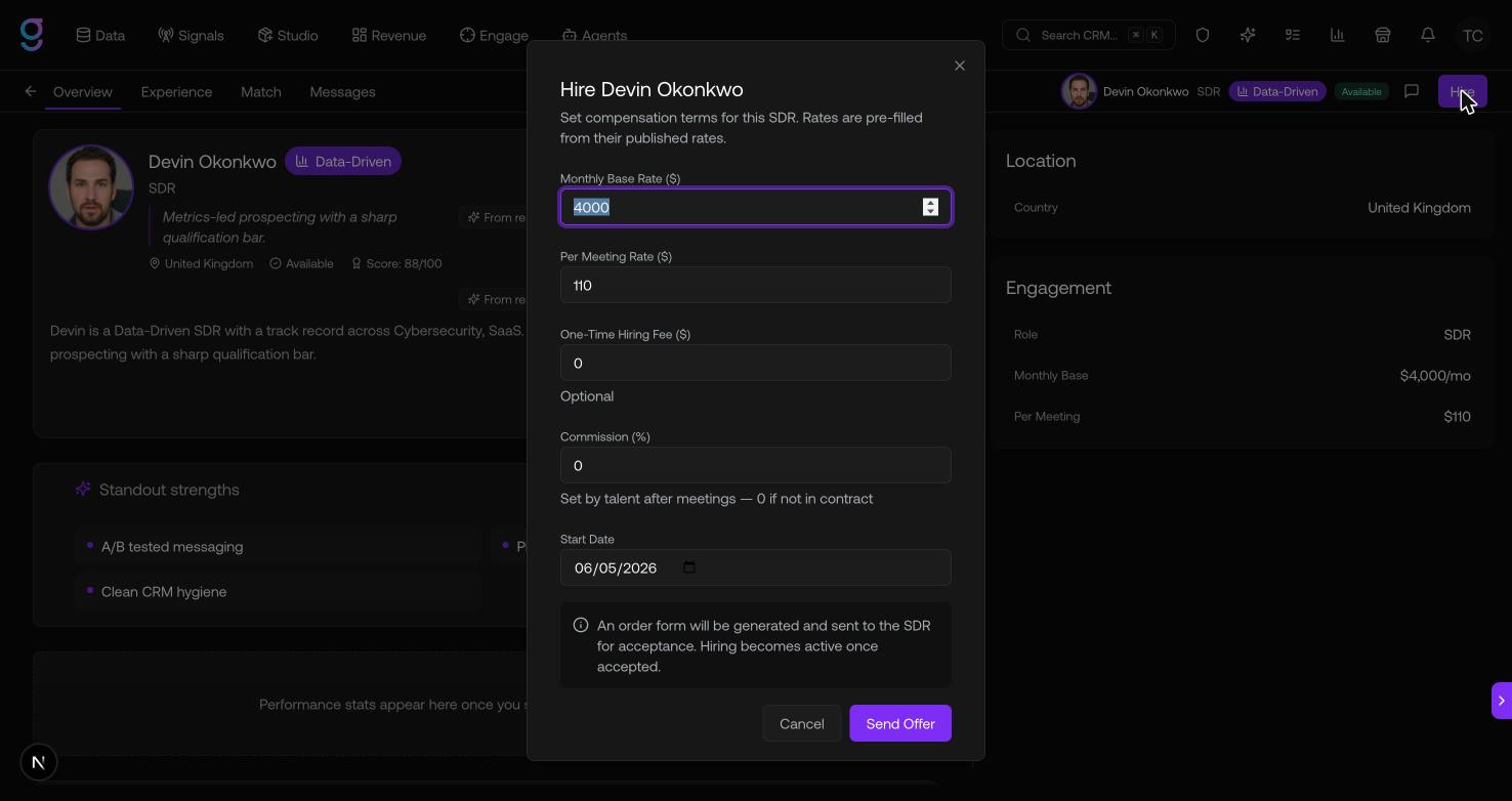 The Hire dialog with monthly base, per-meeting rate, hiring fee, commission, and start date