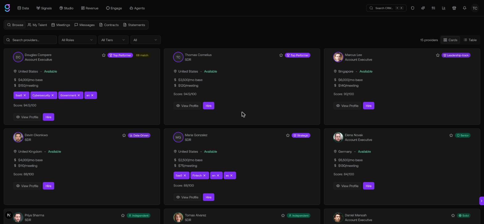 The Marketplace browse view with vetted talent cards