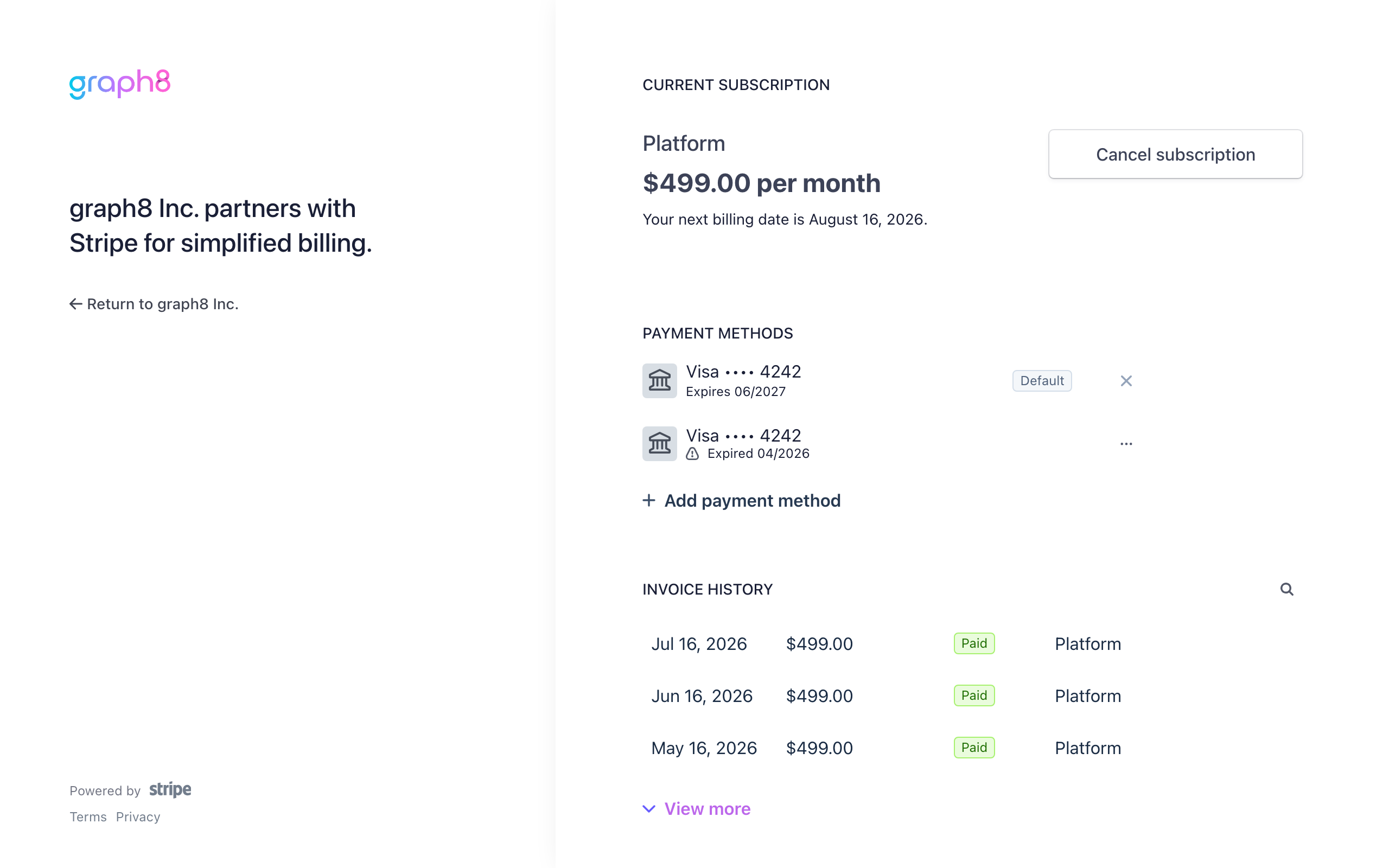 The graph8 billing portal showing the current subscription with the Cancel subscription button