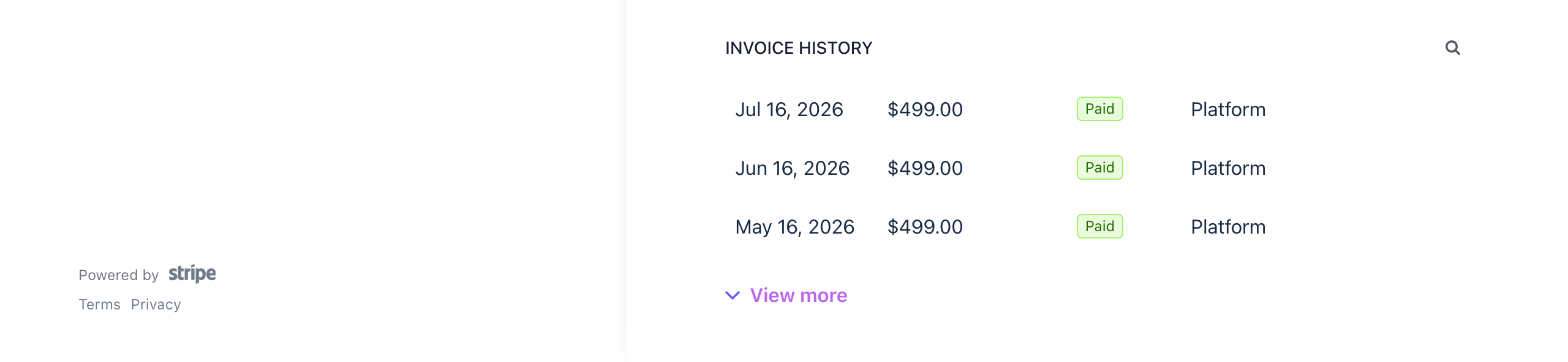 The billing portal showing billing information and invoice history