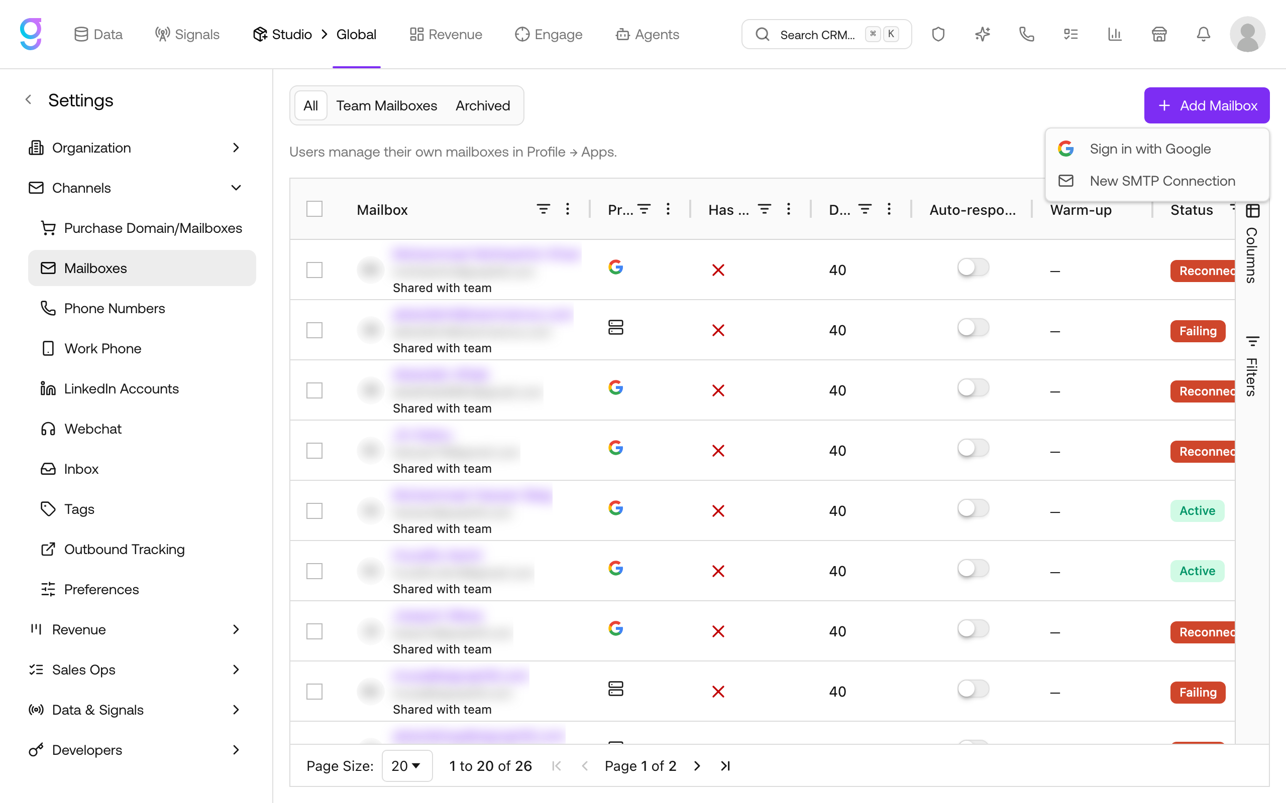 The Add Mailbox menu open on the Mailboxes page, showing the Sign in with Google and New SMTP Connection options