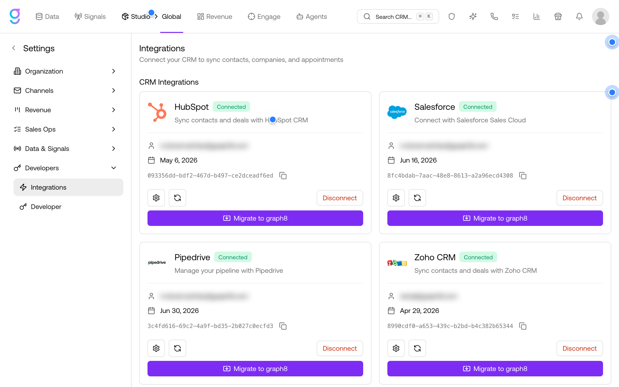 The CRM Integrations page with the Pipedrive card